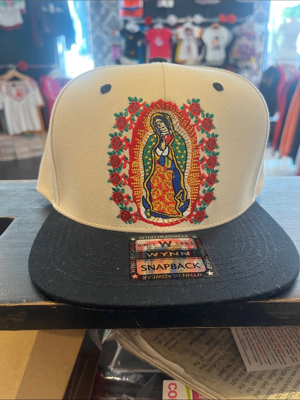 Beigh and Black Snapback Hat with Embroidered Virgen de Guadalupe